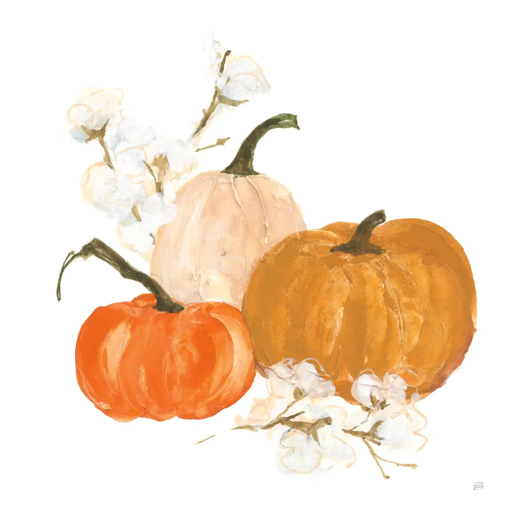 Pumpkins and Cotton II by Chris Paschke. SKU 81867a. Archival Giclee Fine art print for wall decor.