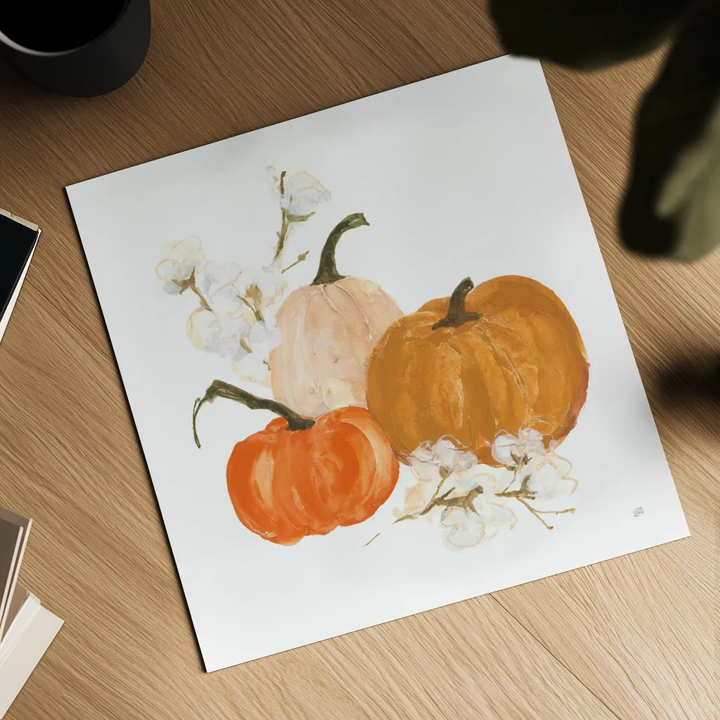 Pumpkins and Cotton II by Chris Paschke. Shown as a detailed flat fine art print, highlighting archival giclee quality. Available as an archival giclee rolled canvas, fine art paper, or poster print. SKU 81867a.