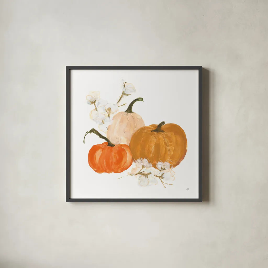 Pumpkins and Cotton II by Chris Paschke. Shown in a sleek black glass frame for a contemporary gallery look. Available as an archival giclee rolled canvas, fine art paper, or poster print. SKU 81867a.