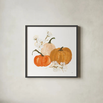 Pumpkins and Cotton II by Chris Paschke. Shown in a sleek black glass frame for a contemporary gallery look. Available as an archival giclee rolled canvas, fine art paper, or poster print. SKU 81867a.