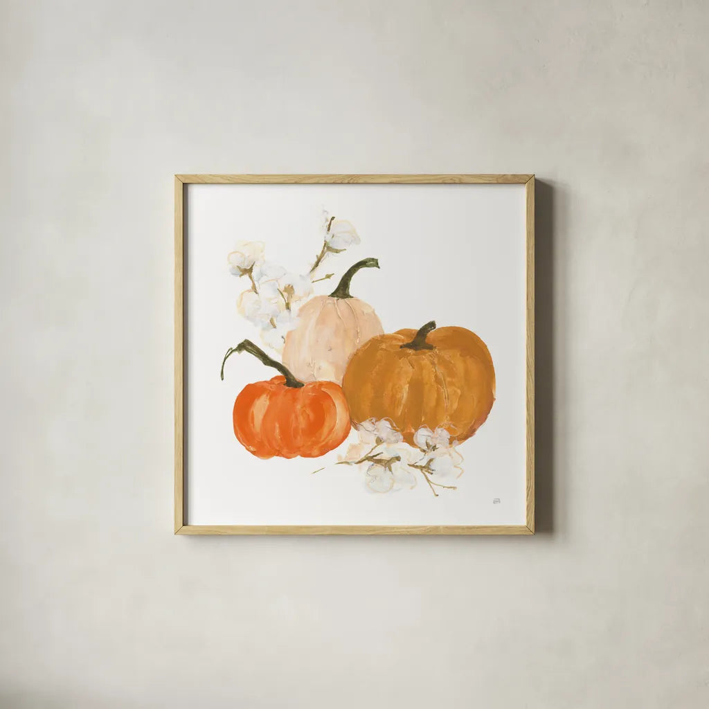 Pumpkins and Cotton II by Chris Paschke. Shown in a natural wood glass frame for a timeless modern aesthetic. Available as an archival giclee rolled canvas, fine art paper, or poster print. SKU 81867a.