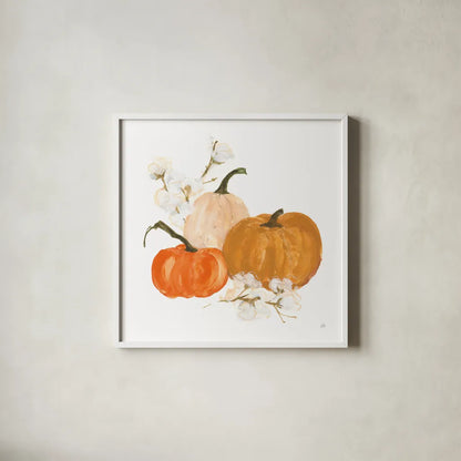 Pumpkins and Cotton II by Chris Paschke. Shown in a crisp white glass frame for a clean and minimalist style. Available as an archival giclee rolled canvas, fine art paper, or poster print. SKU 81867a.