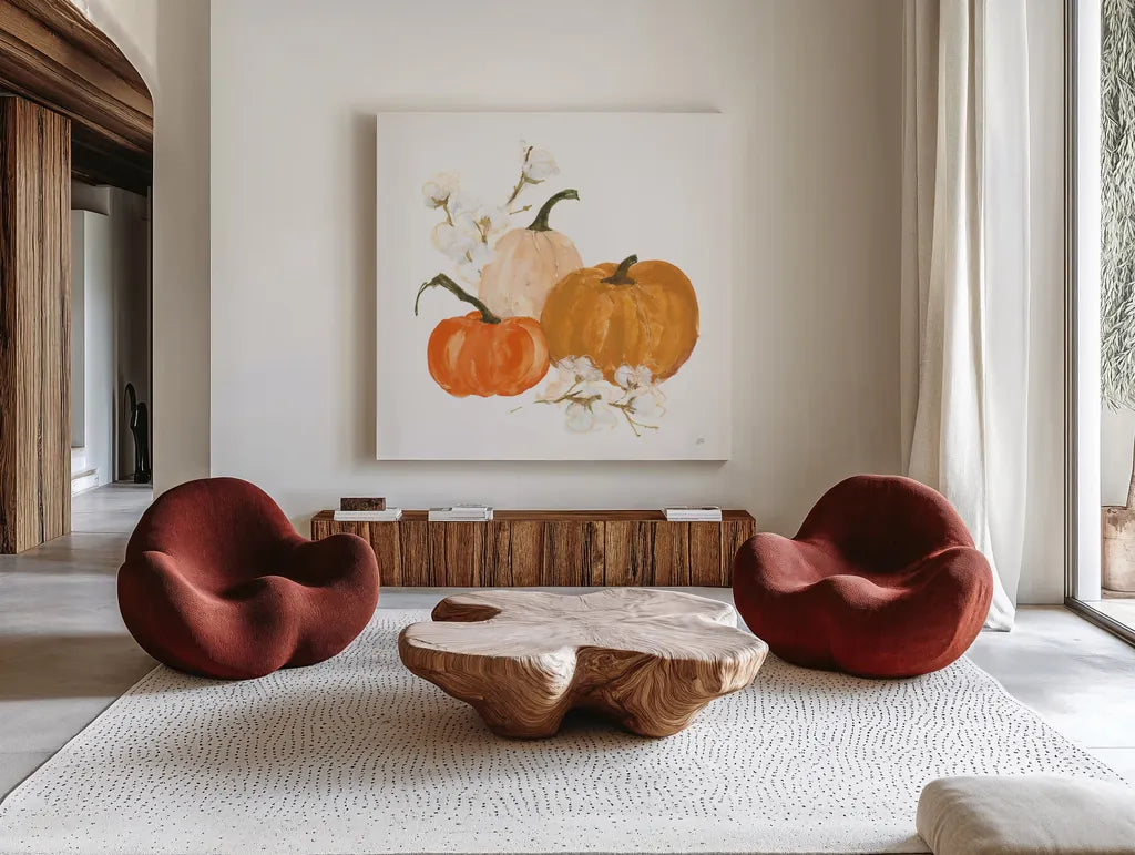 Pumpkins and Cotton II by Chris Paschke. Shown as extra-large giant wall art in a modern living room. Available as an archival giclee rolled canvas, fine art paper, or poster print. SKU 81867a.