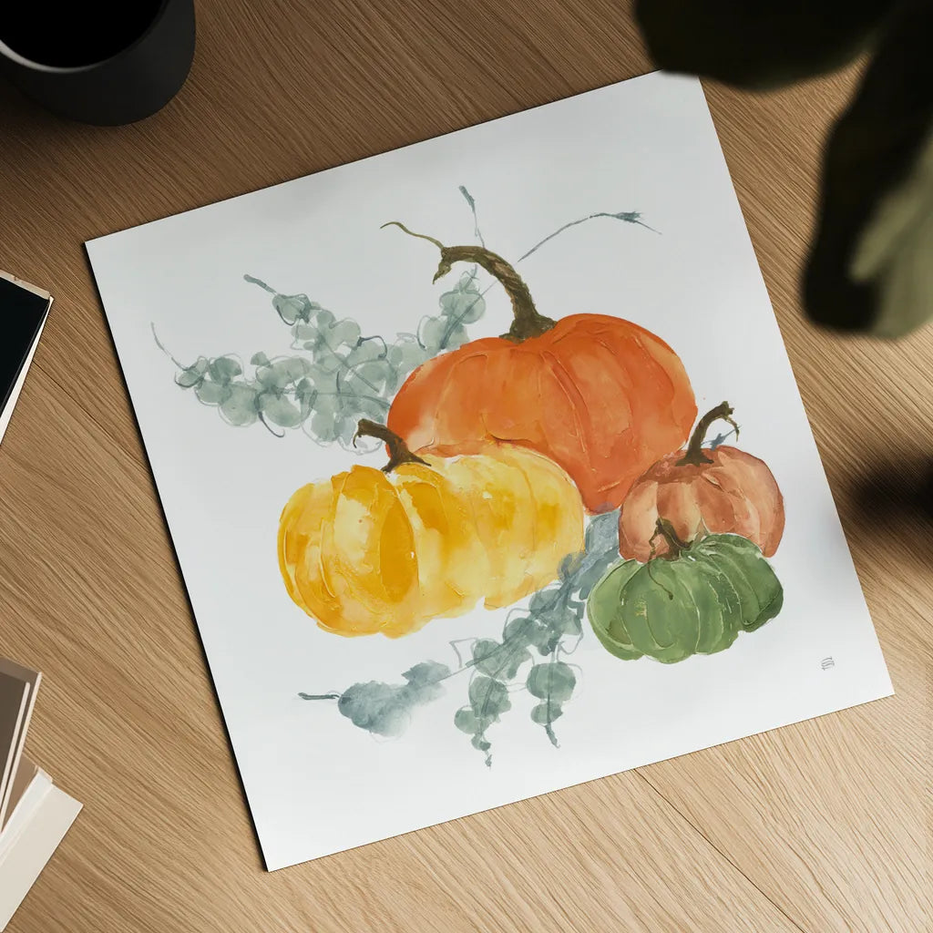 Pumpkins and Eucalyptus I by Chris Paschke. Shown as a detailed flat fine art print, highlighting archival giclee quality. Available as an archival giclee rolled canvas, fine art paper, or poster print. SKU 81864a.