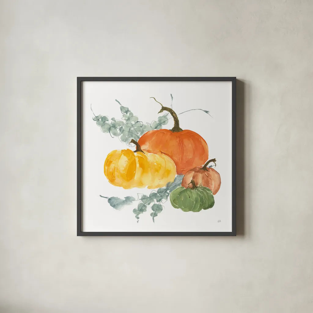 Pumpkins and Eucalyptus I by Chris Paschke. Shown in a sleek black glass frame for a contemporary gallery look. Available as an archival giclee rolled canvas, fine art paper, or poster print. SKU 81864a.