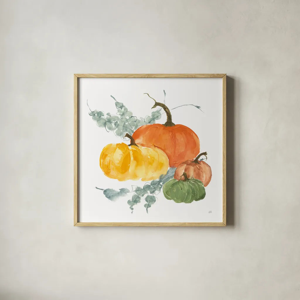 Pumpkins and Eucalyptus I by Chris Paschke. Shown in a natural wood glass frame for a timeless modern aesthetic. Available as an archival giclee rolled canvas, fine art paper, or poster print. SKU 81864a.
