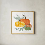 Pumpkins and Eucalyptus I by Chris Paschke. Shown in a natural wood glass frame for a timeless modern aesthetic. Available as an archival giclee rolled canvas, fine art paper, or poster print. SKU 81864a.