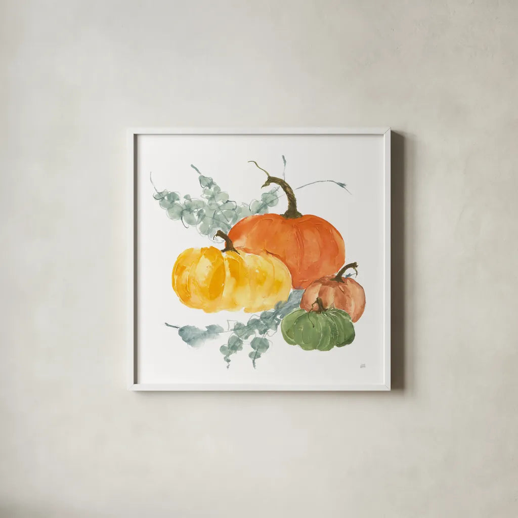 Pumpkins and Eucalyptus I by Chris Paschke. Shown in a crisp white glass frame for a clean and minimalist style. Available as an archival giclee rolled canvas, fine art paper, or poster print. SKU 81864a.