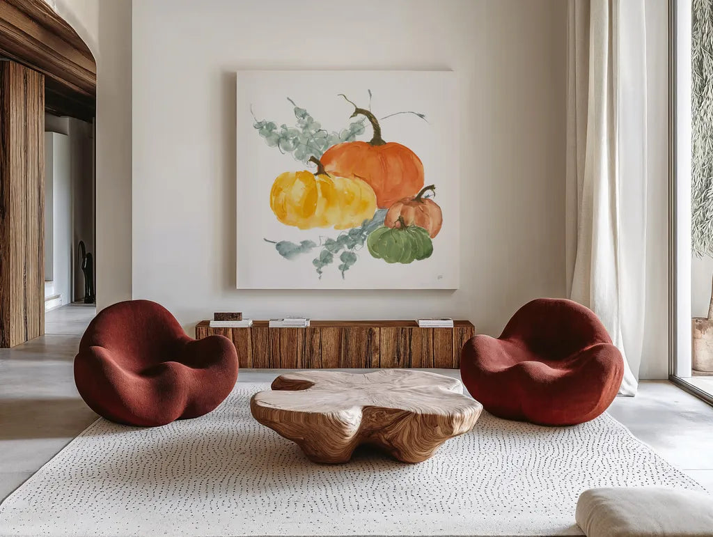 Pumpkins and Eucalyptus I by Chris Paschke. Shown as extra-large giant wall art in a modern living room. Available as an archival giclee rolled canvas, fine art paper, or poster print. SKU 81864a.