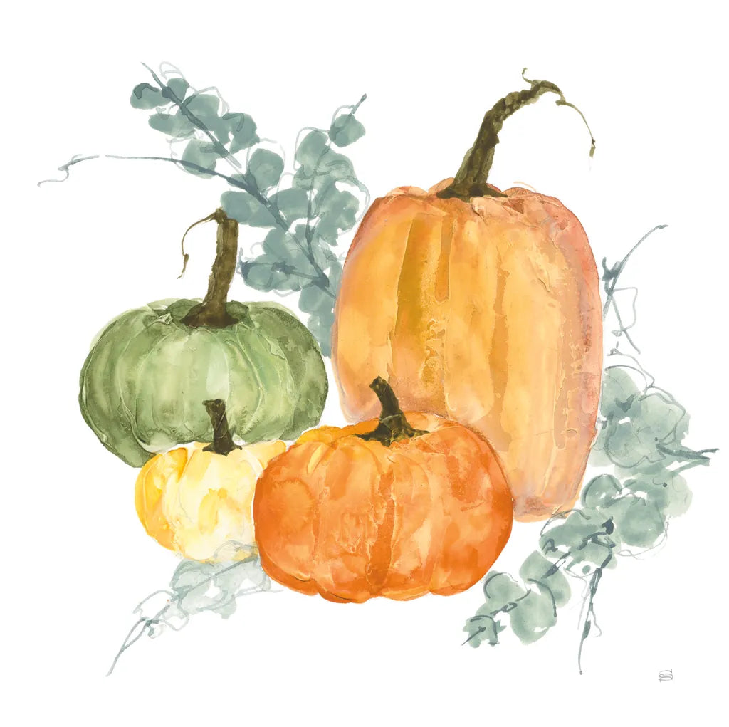 Pumpkins and Eucalyptus II by Chris Paschke. SKU 81865a. Archival Giclee Fine art print for wall decor.