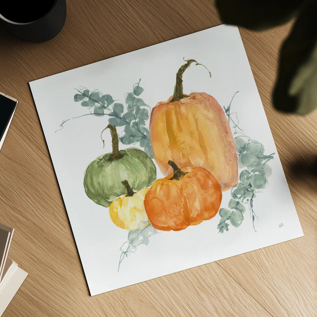 Pumpkins and Eucalyptus II by Chris Paschke. Shown as a detailed flat fine art print, highlighting archival giclee quality. Available as an archival giclee rolled canvas, fine art paper, or poster print. SKU 81865a.