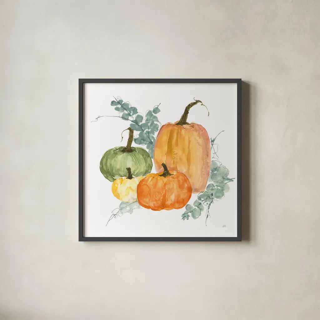Pumpkins and Eucalyptus II by Chris Paschke. Shown in a sleek black glass frame for a contemporary gallery look. Available as an archival giclee rolled canvas, fine art paper, or poster print. SKU 81865a.