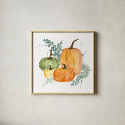 Pumpkins and Eucalyptus II by Chris Paschke. Shown in a natural wood glass frame for a timeless modern aesthetic. Available as an archival giclee rolled canvas, fine art paper, or poster print. SKU 81865a.