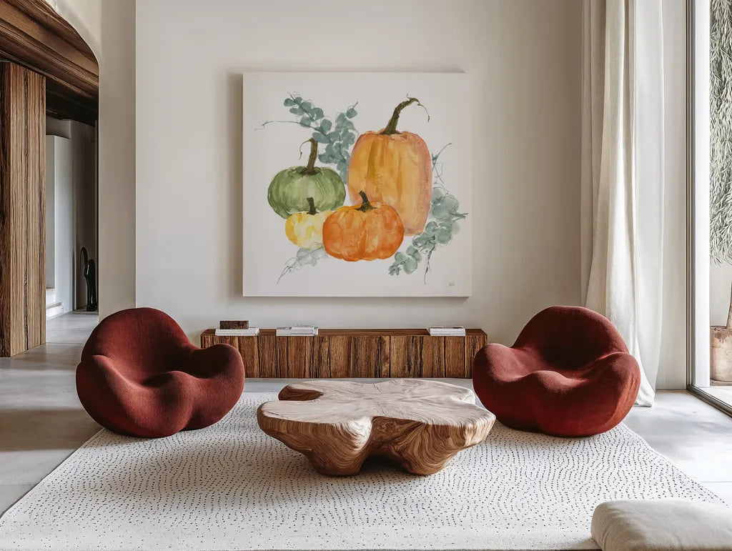 Pumpkins and Eucalyptus II by Chris Paschke. Shown as extra-large giant wall art in a modern living room. Available as an archival giclee rolled canvas, fine art paper, or poster print. SKU 81865a.