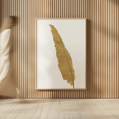 Pure Gold Feather VI by Chris Paschke. shown as over sized large wall art. Available as an archival giclee rolled canvas, fine art paper, or poster print. SKU 28004h.