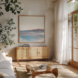 Purist Cassis II by Chris Paschke. Shown in a natural wood frame in a cozy modern living room. Available as an archival giclee rolled canvas, fine art paper, or poster print. SKU 68168a.