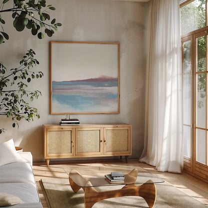 Purist Cassis II by Chris Paschke. Shown in a natural wood frame in a cozy modern living room. Available as an archival giclee rolled canvas, fine art paper, or poster print. SKU 68168a.