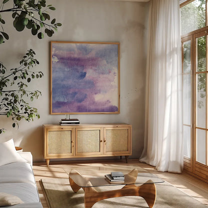 Purple Haze II by Chris Paschke. Shown in a natural wood frame in a cozy modern living room. Available as an archival giclee rolled canvas, fine art paper, or poster print. SKU 37162a.