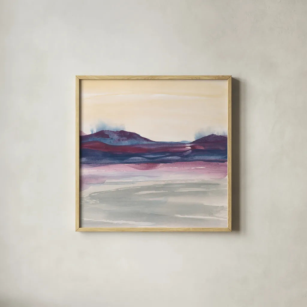 Purple Rock Dawn I by Chris Paschke. Shown in a natural wood glass frame for a timeless modern aesthetic. Available as an archival giclee rolled canvas, fine art paper, or poster print. SKU 24082a.