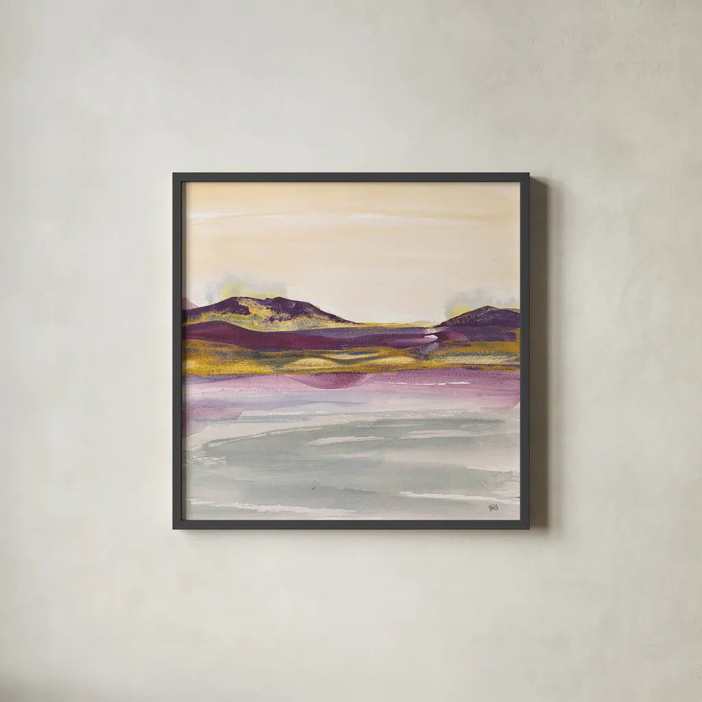 Purple Rock Dawn I Gold by Chris Paschke. Shown in a sleek black glass frame for a contemporary gallery look. Available as an archival giclee rolled canvas, fine art paper, or poster print. SKU 24294a.