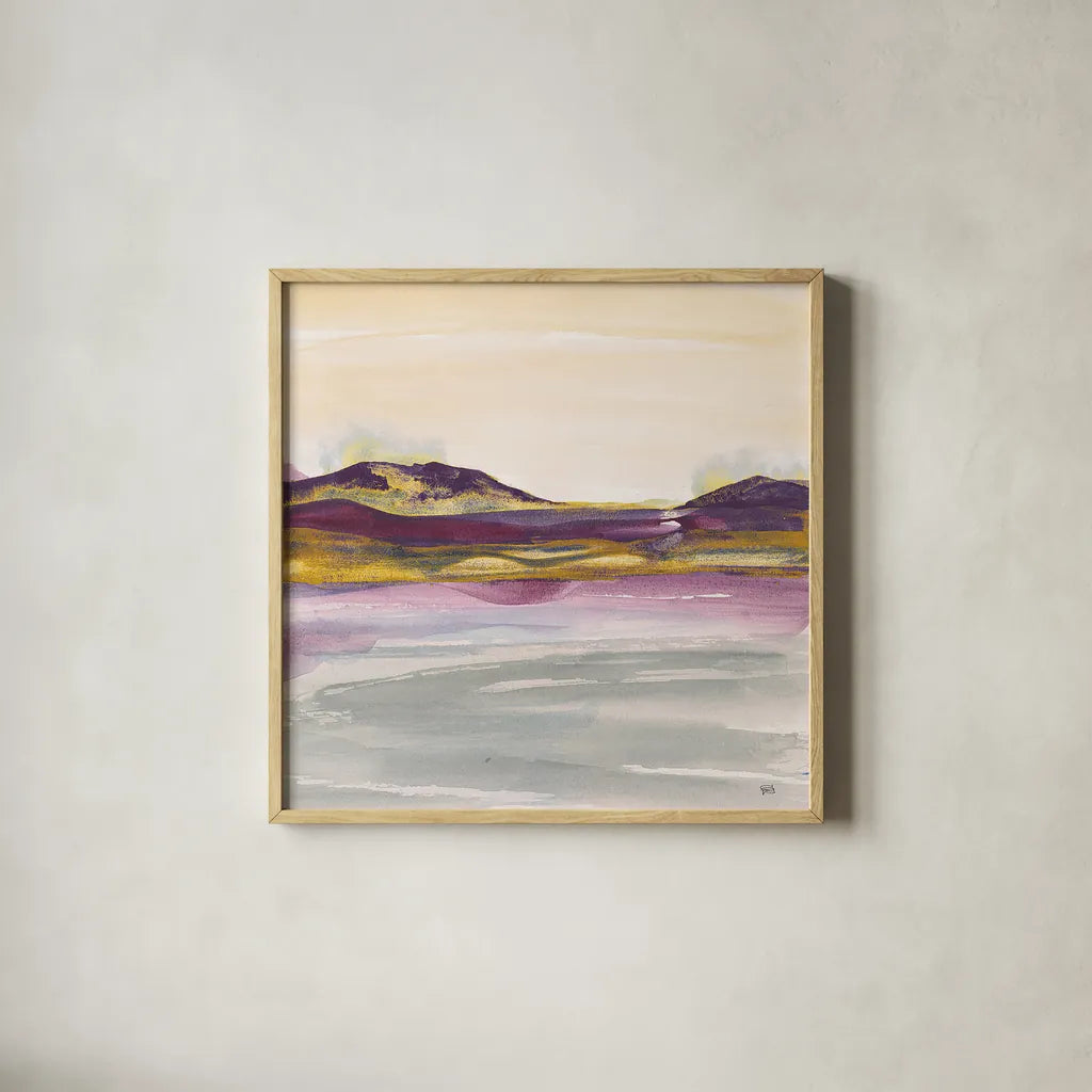 Purple Rock Dawn I Gold by Chris Paschke. Shown in a natural wood glass frame for a timeless modern aesthetic. Available as an archival giclee rolled canvas, fine art paper, or poster print. SKU 24294a.
