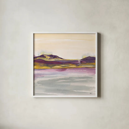 Purple Rock Dawn I Gold by Chris Paschke. Shown in a crisp white glass frame for a clean and minimalist style. Available as an archival giclee rolled canvas, fine art paper, or poster print. SKU 24294a.