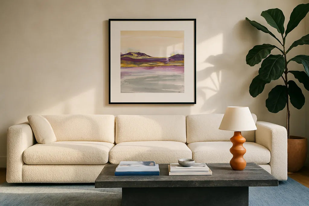 Purple Rock Dawn I Gold by Chris Paschke. Displayed in a glass frame with matte in a clean modern living room. Available as an archival giclee rolled canvas, fine art paper, or poster print. SKU 24294a.