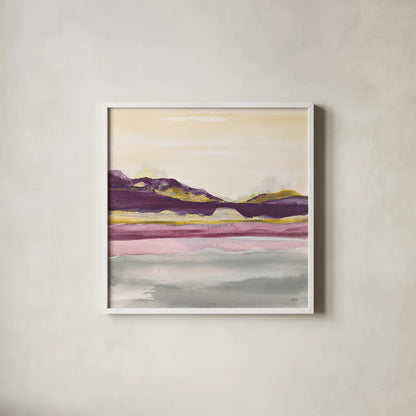Purple Rock Dawn II Gold by Chris Paschke. Shown in a crisp white glass frame for a clean and minimalist style. Available as an archival giclee rolled canvas, fine art paper, or poster print. SKU 24295a.