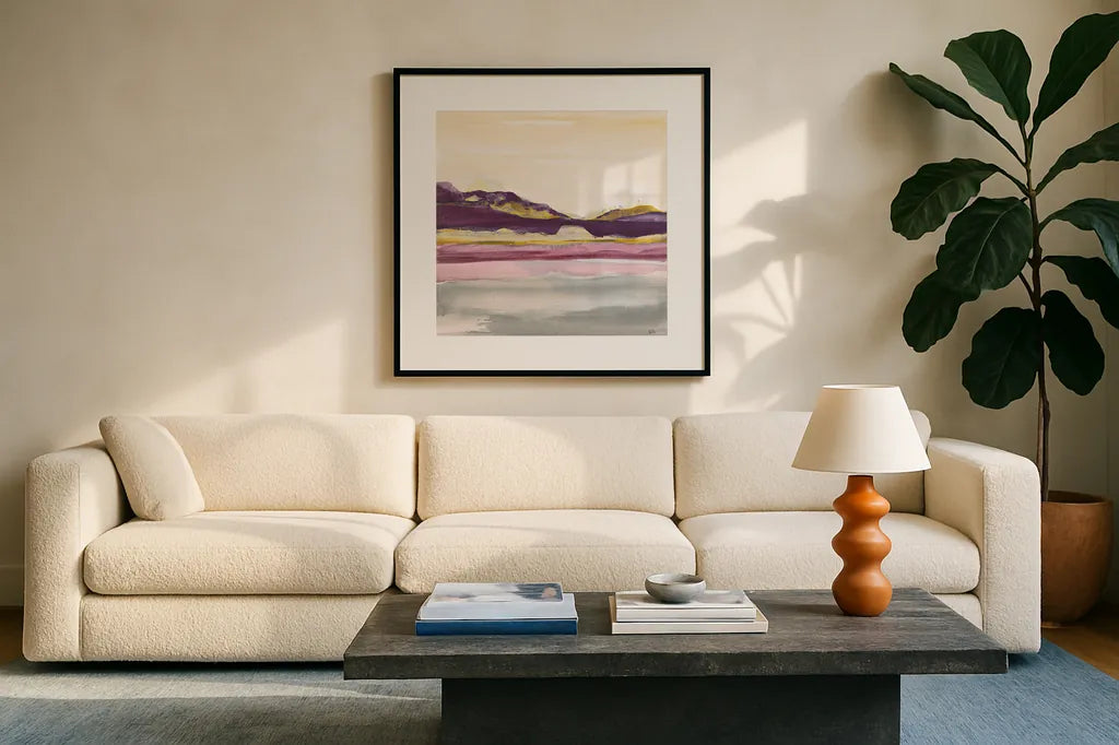 Purple Rock Dawn II Gold by Chris Paschke. Displayed in a glass frame with matte in a clean modern living room. Available as an archival giclee rolled canvas, fine art paper, or poster print. SKU 24295a.