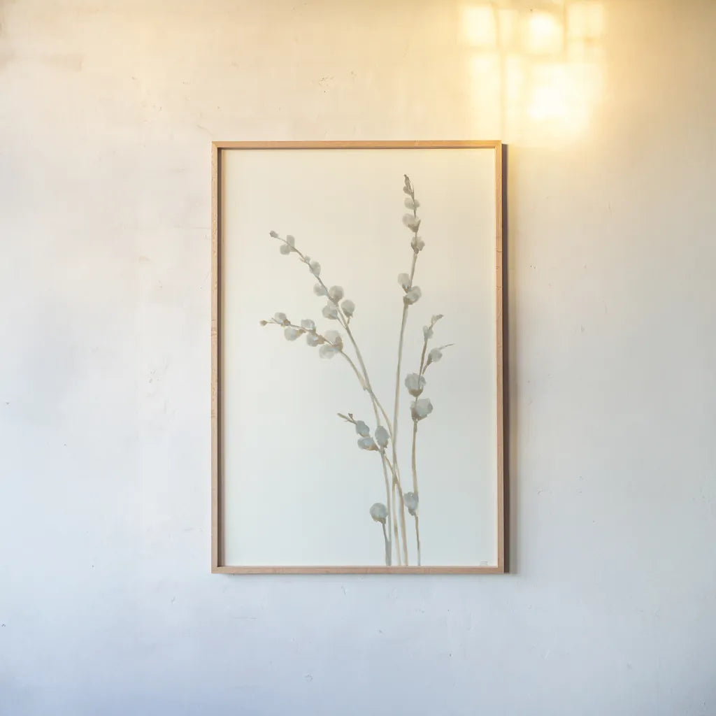 Pussy Willows I by Chris Paschke. shown as a paper print in a natural frame. Available as a archival giclee rolled canvas, fine art paper, or poster print. SKU 55079h.