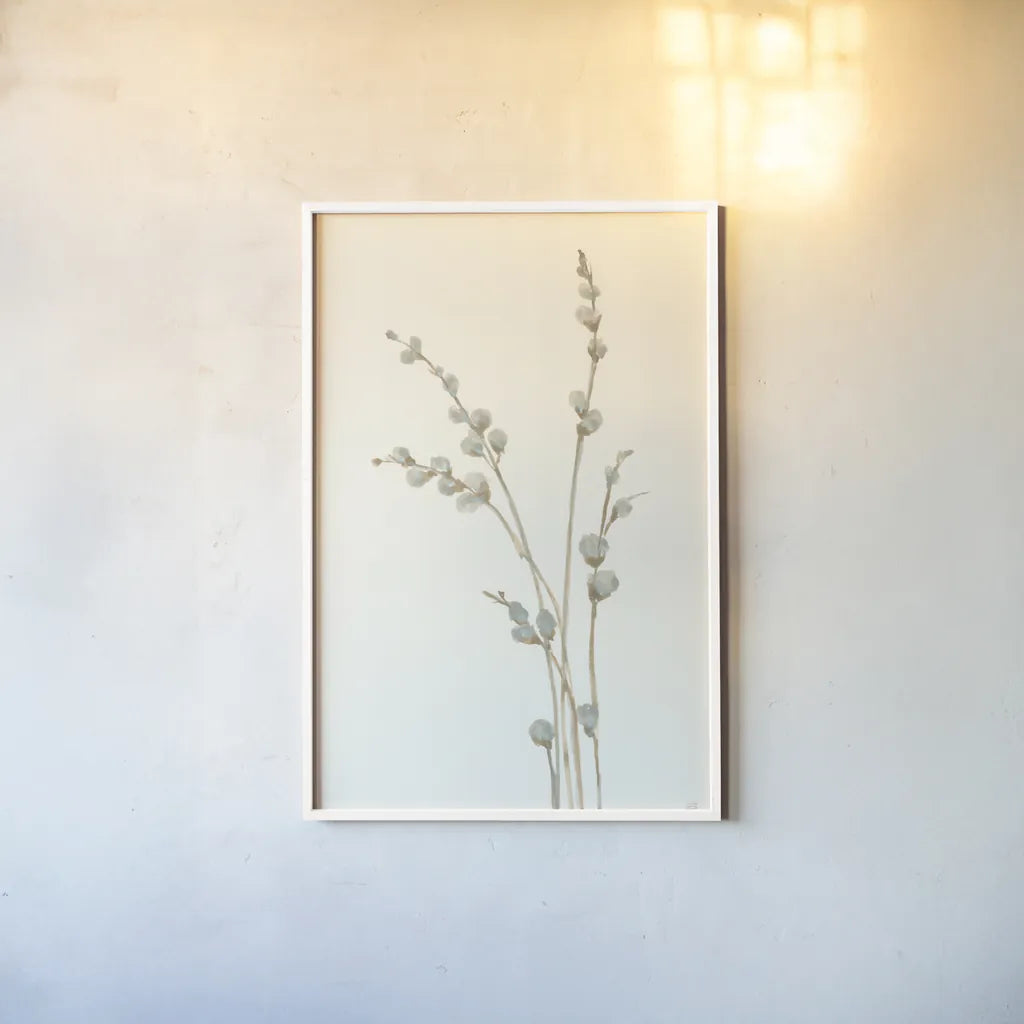 Pussy Willows I by Chris Paschke. shown as a paper print in a white frame. Available as a archival giclee rolled canvas, fine art paper, or poster print. SKU 55079h.