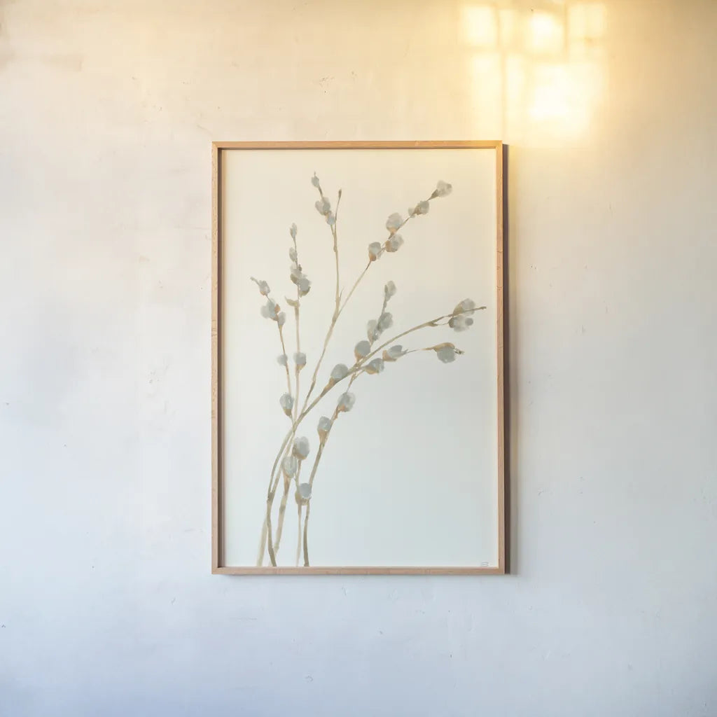 Pussy Willows II by Chris Paschke. shown as a paper print in a natural frame. Available as a archival giclee rolled canvas, fine art paper, or poster print. SKU 55080h.