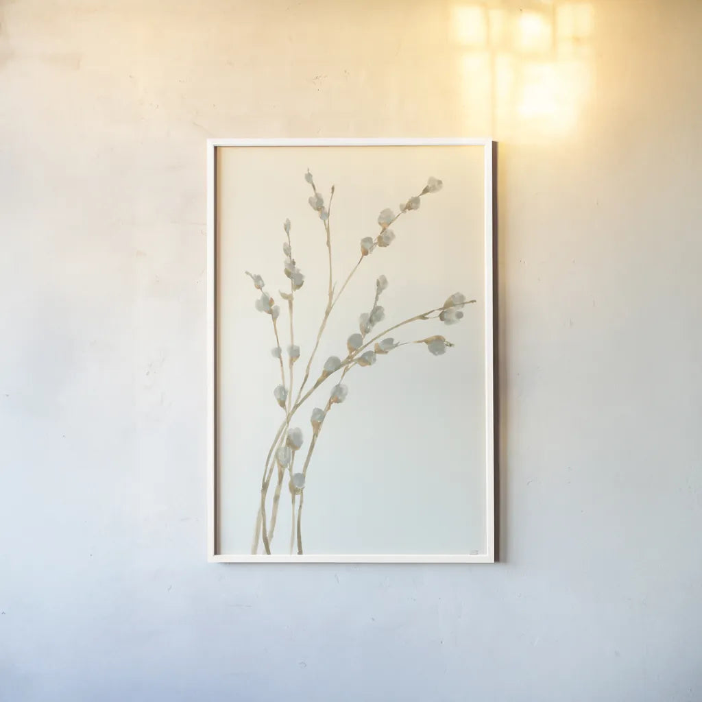 Pussy Willows II by Chris Paschke. shown as a paper print in a white frame. Available as a archival giclee rolled canvas, fine art paper, or poster print. SKU 55080h.