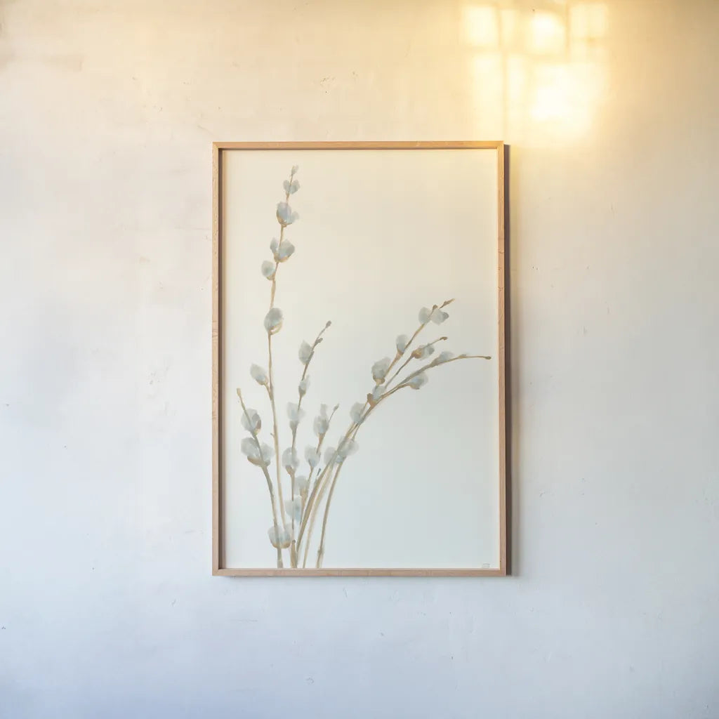 Pussy Willows III by Chris Paschke. shown as a paper print in a natural frame. Available as a archival giclee rolled canvas, fine art paper, or poster print. SKU 55081h.