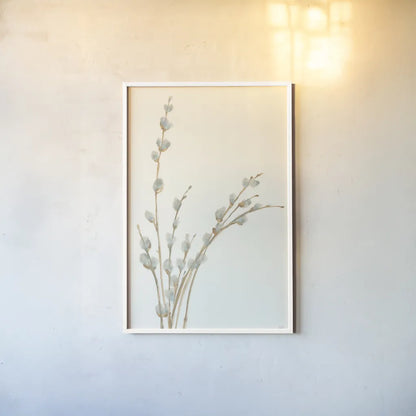 Pussy Willows III by Chris Paschke. shown as a paper print in a white frame. Available as a archival giclee rolled canvas, fine art paper, or poster print. SKU 55081h.