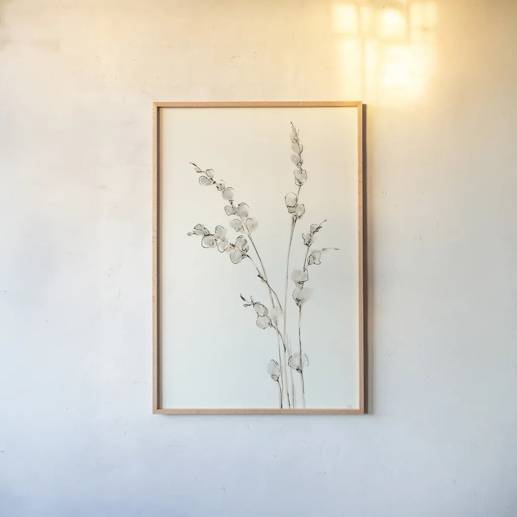 Pussy Willows IV by Chris Paschke. shown as a paper print in a natural frame. Available as a archival giclee rolled canvas, fine art paper, or poster print. SKU 55082h.