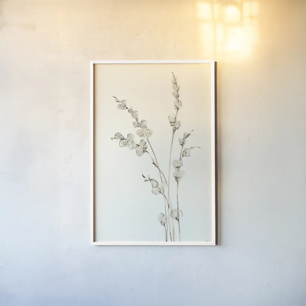 Pussy Willows IV by Chris Paschke. shown as a paper print in a white frame. Available as a archival giclee rolled canvas, fine art paper, or poster print. SKU 55082h.