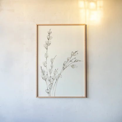 Pussy Willows V by Chris Paschke. shown as a paper print in a natural frame. Available as a archival giclee rolled canvas, fine art paper, or poster print. SKU 55083h.