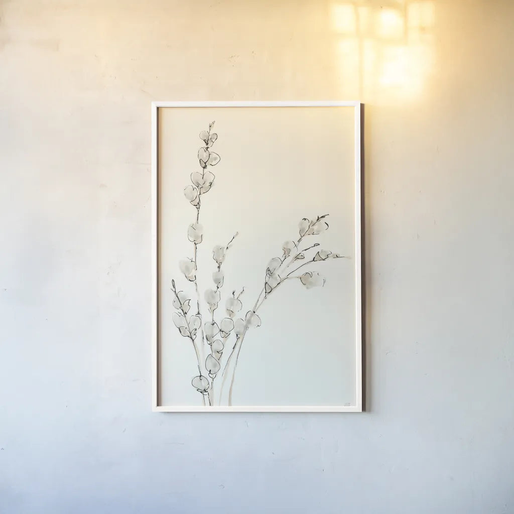 Pussy Willows V by Chris Paschke. shown as a paper print in a white frame. Available as a archival giclee rolled canvas, fine art paper, or poster print. SKU 55083h.