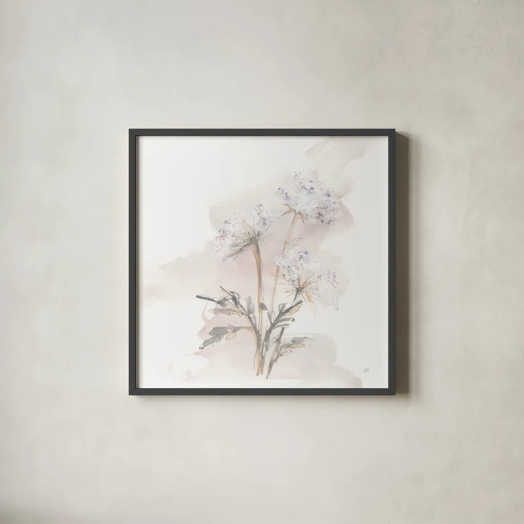 Queen Annes Lace I by Chris Paschke. Shown in a sleek black glass frame for a contemporary gallery look. Available as an archival giclee rolled canvas, fine art paper, or poster print. SKU 73081a.