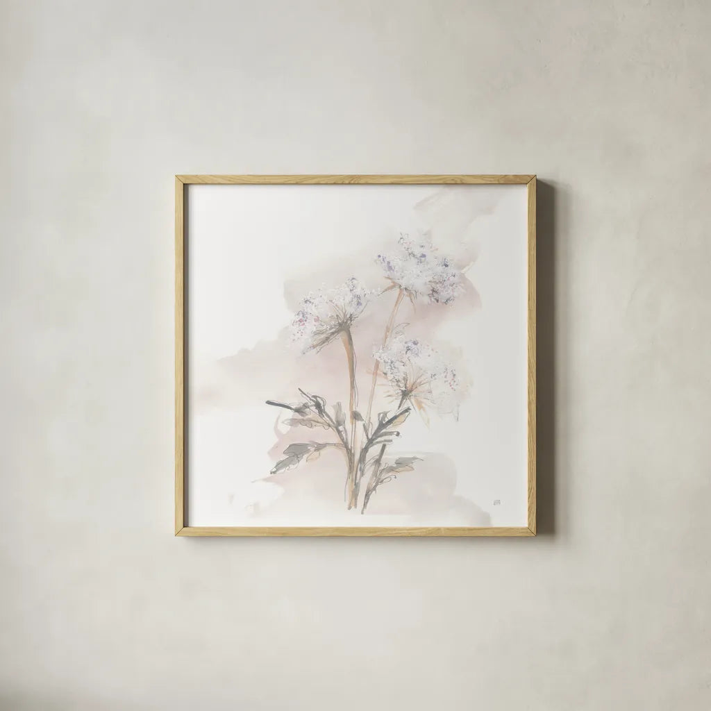 Queen Annes Lace I by Chris Paschke. Shown in a natural wood glass frame for a timeless modern aesthetic. Available as an archival giclee rolled canvas, fine art paper, or poster print. SKU 73081a.