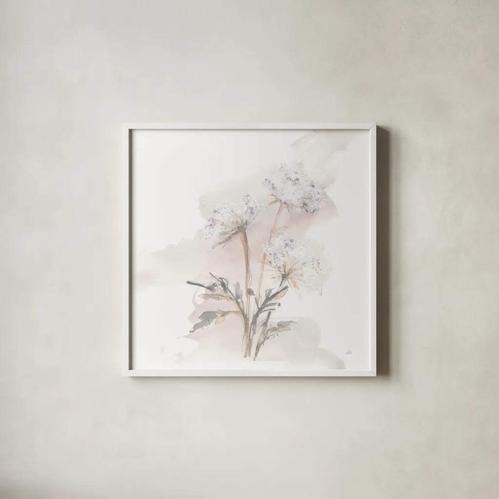 Queen Annes Lace I by Chris Paschke. Shown in a crisp white glass frame for a clean and minimalist style. Available as an archival giclee rolled canvas, fine art paper, or poster print. SKU 73081a.