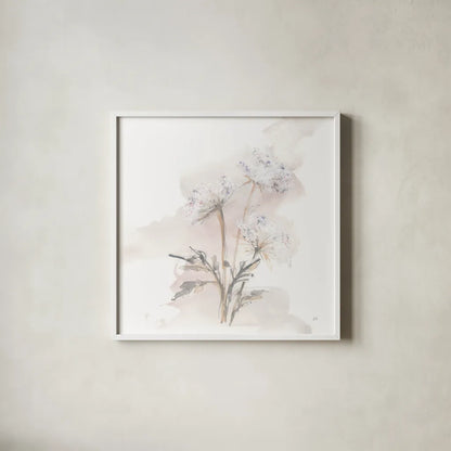 Queen Annes Lace I by Chris Paschke. Shown in a crisp white glass frame for a clean and minimalist style. Available as an archival giclee rolled canvas, fine art paper, or poster print. SKU 73081a.
