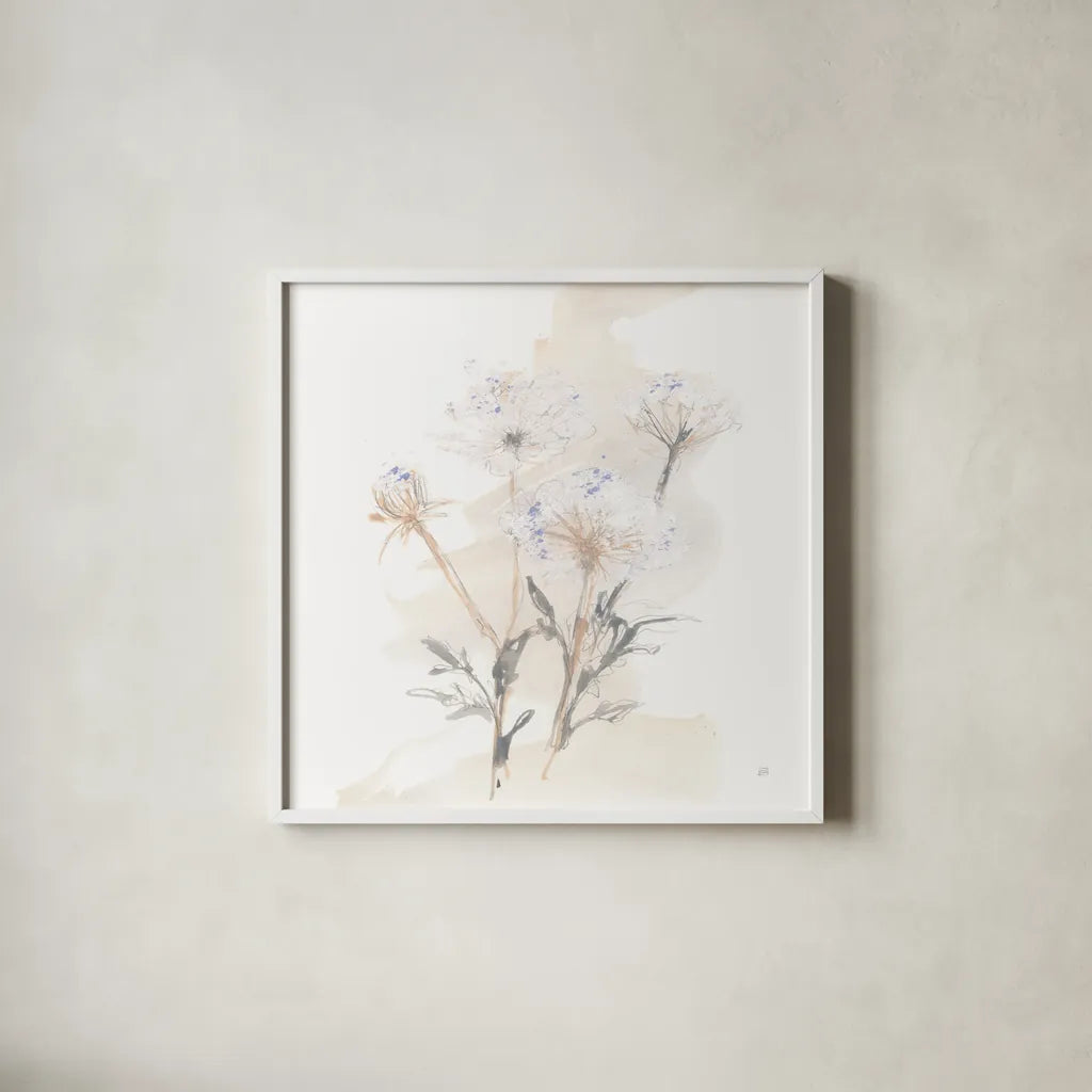 Queen Annes Lace II by Chris Paschke. Shown in a crisp white glass frame for a clean and minimalist style. Available as an archival giclee rolled canvas, fine art paper, or poster print. SKU 73082a.