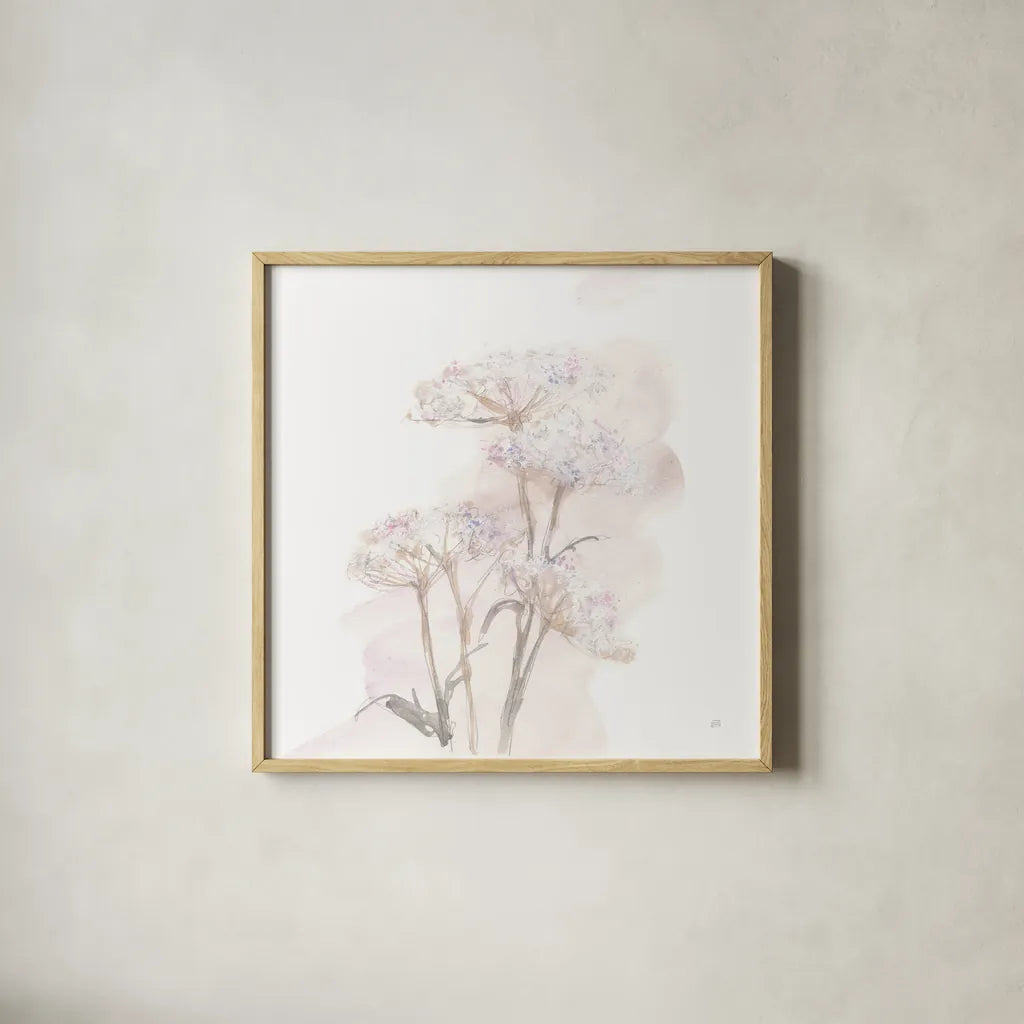 Queen Annes Lace V by Chris Paschke. Shown in a natural wood glass frame for a timeless modern aesthetic. Available as an archival giclee rolled canvas, fine art paper, or poster print. SKU 73085a.