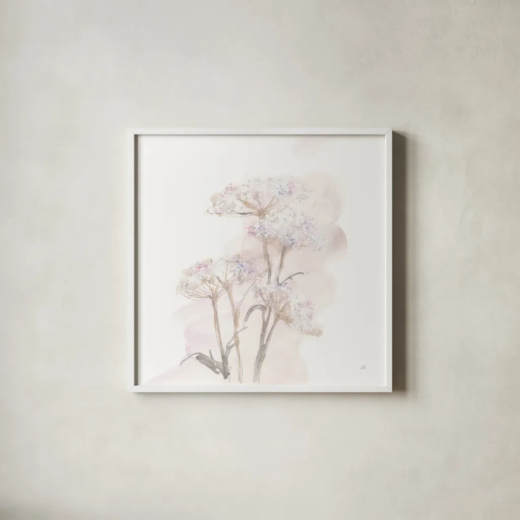 Queen Annes Lace V by Chris Paschke. Shown in a crisp white glass frame for a clean and minimalist style. Available as an archival giclee rolled canvas, fine art paper, or poster print. SKU 73085a.