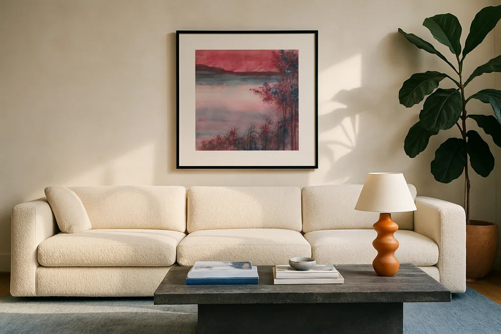 Quiet Time by Chris Paschke. Displayed in a glass frame with matte in a clean modern living room. Available as an archival giclee rolled canvas, fine art paper, or poster print. SKU 23956a.