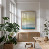 Radiance by Chris Paschke. shown as a print in a natural wood frame in a dining room. Available as a archival giclee rolled canvas, fine art paper, or poster print. SKU 12511h.