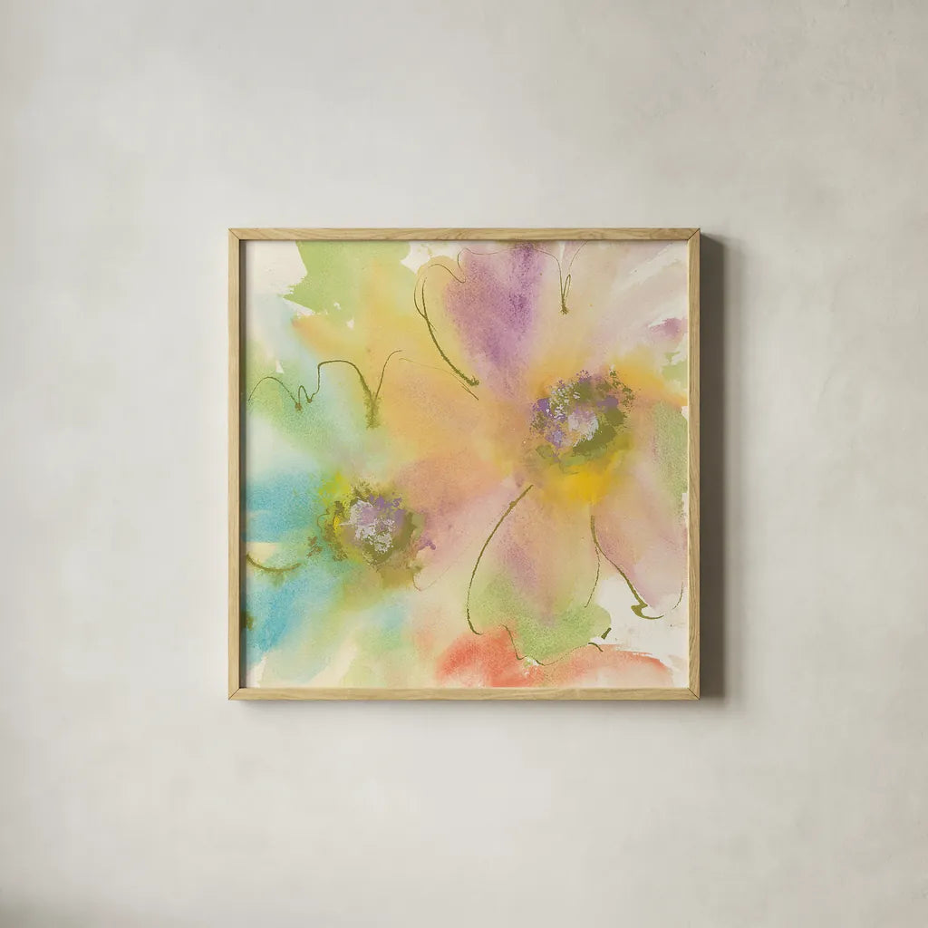 Rainbow Cosmos II by Chris Paschke. Shown in a natural wood glass frame for a timeless modern aesthetic. Available as an archival giclee rolled canvas, fine art paper, or poster print. SKU 24354a.