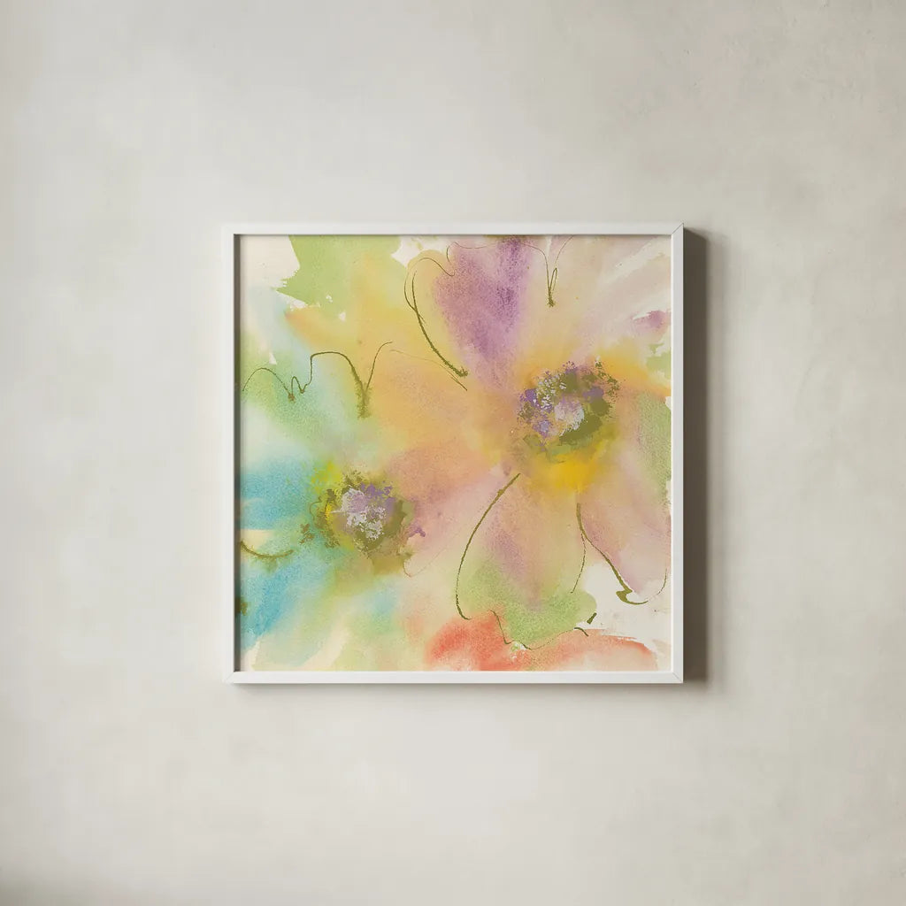 Rainbow Cosmos II by Chris Paschke. Shown in a crisp white glass frame for a clean and minimalist style. Available as an archival giclee rolled canvas, fine art paper, or poster print. SKU 24354a.